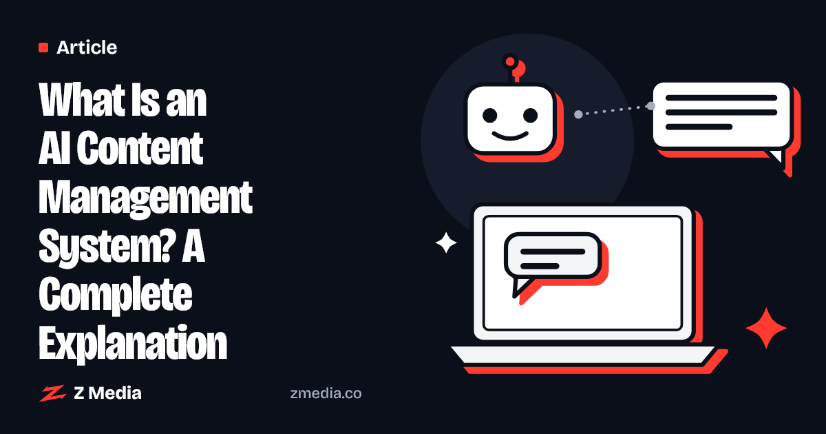 Flat illustration of a laptop, a friendly AI bot and a chat bubble