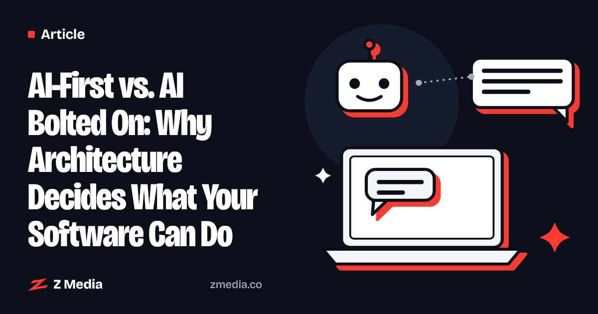 Flat illustration of a laptop, a friendly AI bot and a chat bubble