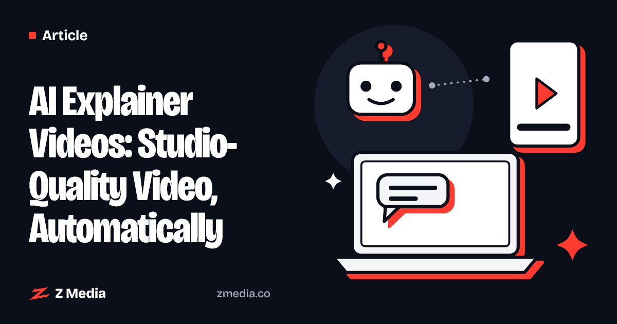 Flat illustration of a laptop, a friendly AI bot and a video player