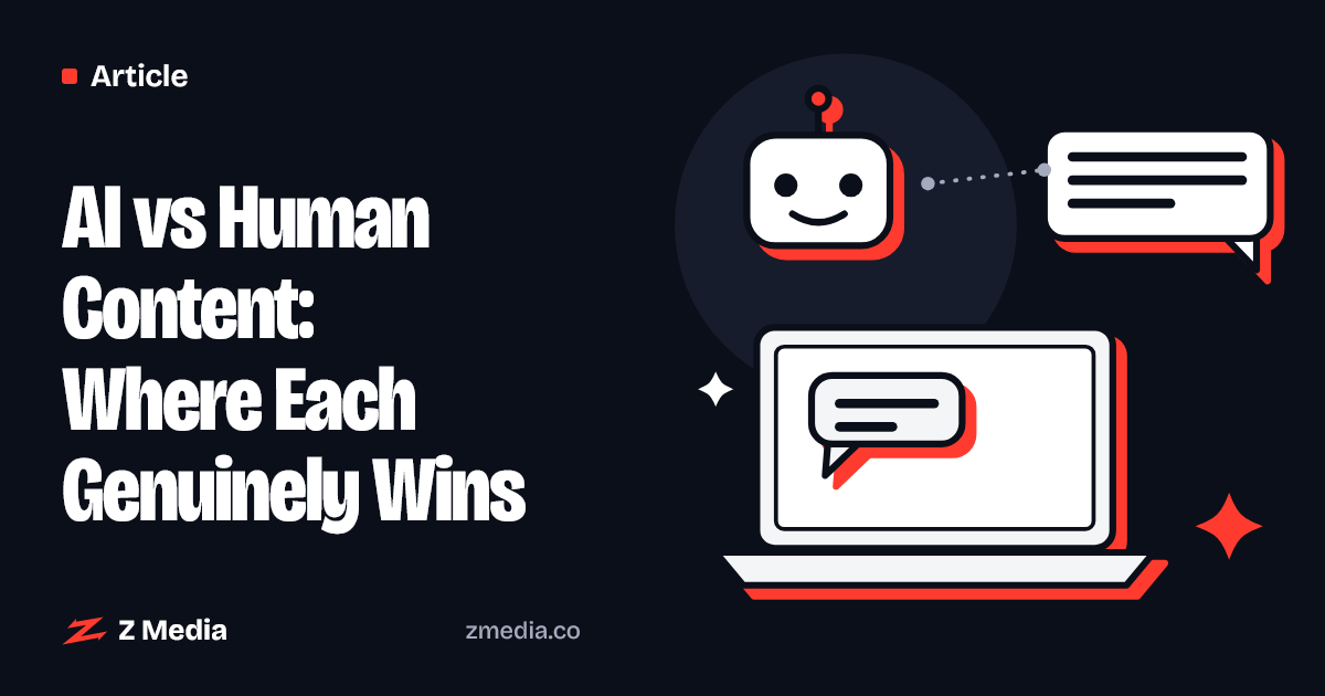 Flat illustration of a laptop, a friendly AI bot and a chat bubble