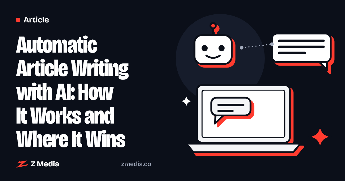 Flat illustration of a laptop, a friendly AI bot and a chat bubble