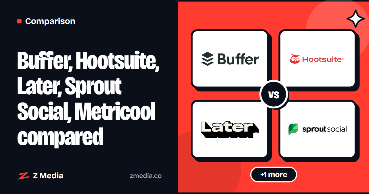 Logos of Buffer, Hootsuite, Later, Sprout Social, Metricool side by side, flat illustration