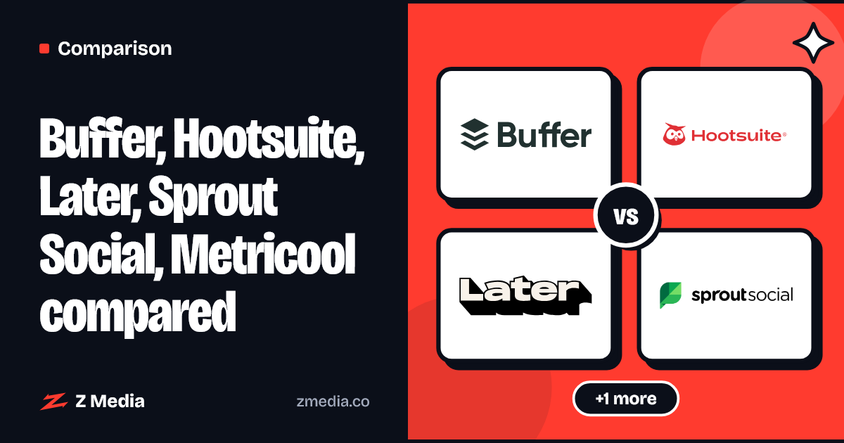 Logos of Buffer, Hootsuite, Later, Sprout Social, Metricool side by side, flat illustration