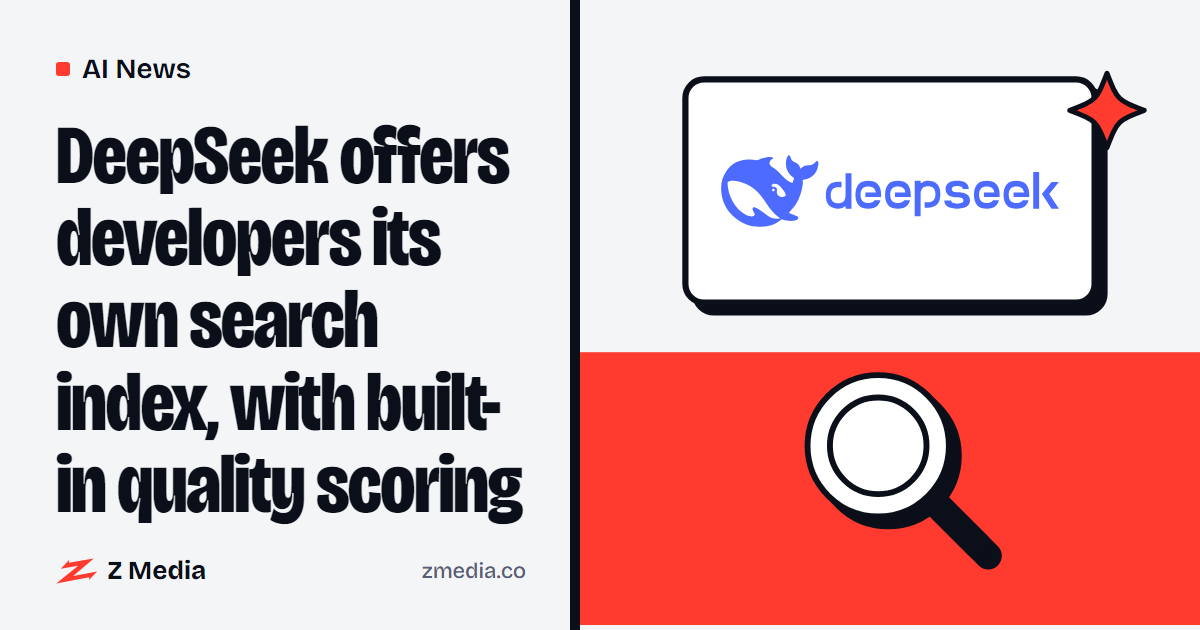 Deepseek logo beside a flat illustration of a magnifier