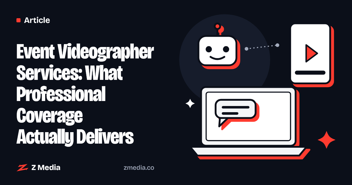 Flat illustration of a laptop, a friendly AI bot and a video player