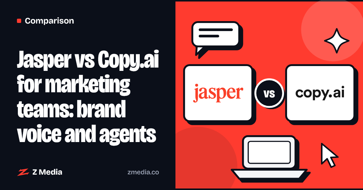 Logos of Jasper, Copy.ai side by side, flat illustration